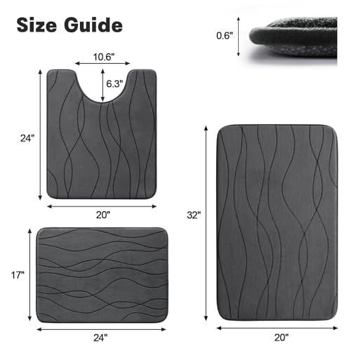 YIHOUSE Memory Foam Bathroom Rug Set, 3 Pieces - Dark Grey (Ultra Soft, Absorbent, Non-Slip, Machine Washable) - Image 5