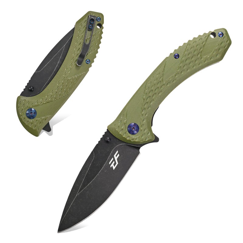 Eafengrow EF927 Pocket Knife D2 Steel Blade with BlackOxide Coating Outdoor Knife G10 Handle with Ball Bearing Safe Open Knife for Camping Work Green