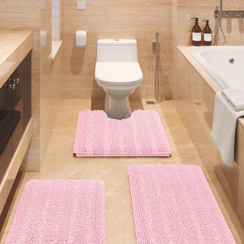 ACCUMTEK Striped Pink Bathroom Rug Set 3 Pieces Ultra Soft Non Slip Chenille Toilet Mat Absorbent Plush Shaggy Bath Mats for Bathroom Bedroom Kitchen