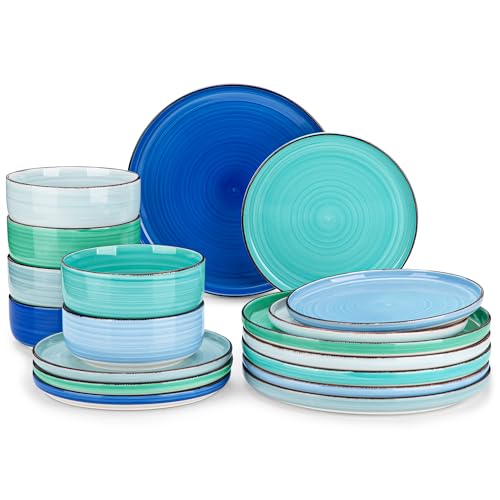 vancasso Bonita Dinnerware Sets 18 Pieces, Blue Stoneware Dishes Set for 6, Plates Set and Bowls Sets, Dishwasher and Microwave Safe - Image 1