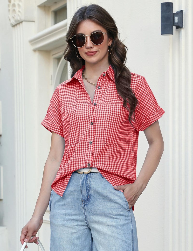 Kistore Short Sleeve Summer Tops for Women Casual Button Down Shirts Collared Striped Business Work Blouses Red Plaid Shirts M - Image 4