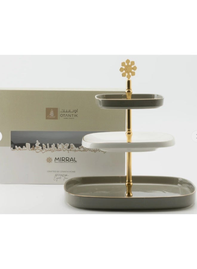 Otantik Mirral Luxury 3-Tier Porcelain Dessert & Cake Stand – Grey with Gold Finish (30*32 cm) - Image 3