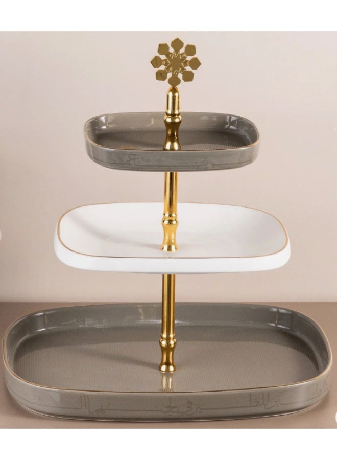 Otantik Mirral Luxury 3-Tier Porcelain Dessert & Cake Stand – Grey with Gold Finish (30*32 cm) - Image 1