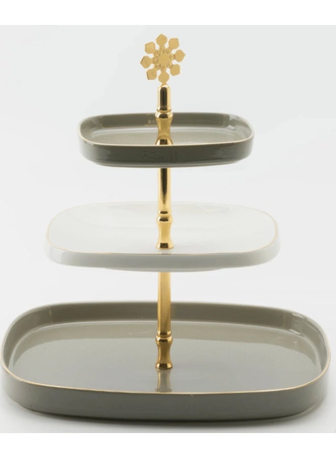 Otantik Mirral Luxury 3-Tier Porcelain Dessert & Cake Stand – Grey with Gold Finish (30*32 cm) - Image 2