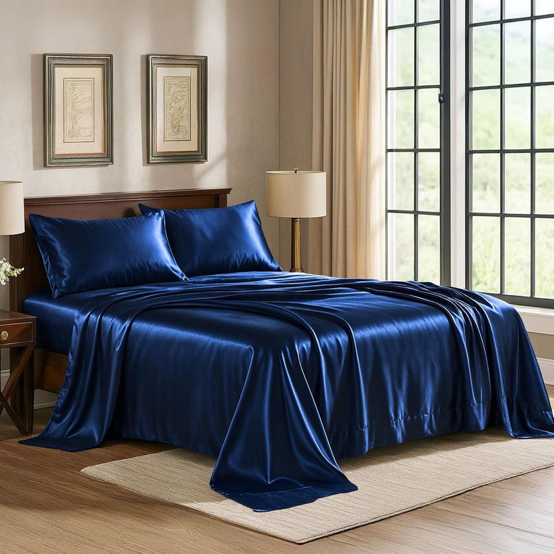 Pure Bedding Satin Sheets King [4-Piece, Navy] Hotel Luxury Silky Bed Sheets Extra Soft 1800 Microfiber Sheet Set, Wrinkle, Fade, Stain Resistant - Deep Pocket Fitted Sheet, Flat Sheet, Pillow Cases - Image 1