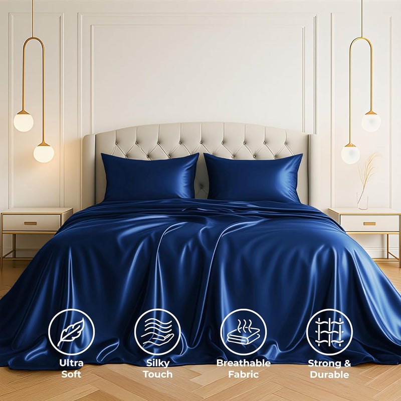 Pure Bedding Satin Sheets King [4-Piece, Navy] Hotel Luxury Silky Bed Sheets Extra Soft 1800 Microfiber Sheet Set, Wrinkle, Fade, Stain Resistant - Deep Pocket Fitted Sheet, Flat Sheet, Pillow Cases - Image 2