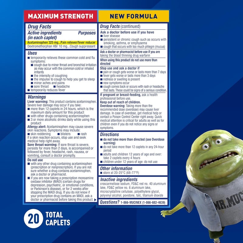 MUCINEX دواء فاست ماكس للقوة القصوى لنزلات البرد والإنفلونزا للبالغين دواء قوي بدون وصفة طبية ل6 أعراض مختلفة لنزلات البرد والإنفلونزا أقراص سريعة الإطلاق 20 حبة - Image 5