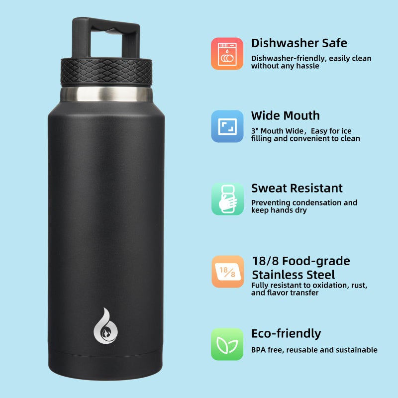 BJPKPK Insulated Water Bottles, Dishwasher Safe 36 oz Water Bottle with Handle, Leakproof BPA Free Water Jug, Stainless Steel Thermos for Sports, Black - Image 2