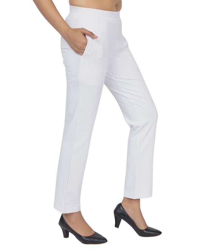 Mlada Store Mlada Straight Fit Cigarette Pencil Pants Elastic Waist Band Mid High Rise Formal Office Trousers for Women, Pockets for Travel Stretch Cotton Knit Full Length Regular/Plus Size - White, 3XL - Image 1