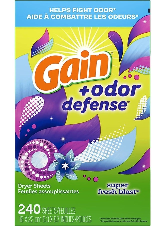 Gain + Odor Defense Dryer Sheets, Super Fresh Blast Scent Fabric Softener Sheets, 240 ct  - Image 3