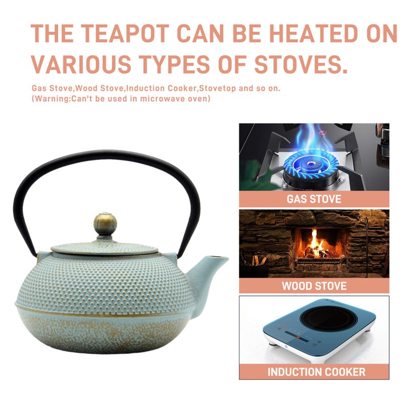 SECHUDO 30.4oz Small Cast Iron Teapot, Tea Kettle for Stovetop Safe, Tea Pot with Stainless Steel Infuser for Loose Tea, Japanese Tetsubin Coated with Enameled Interior(900ml) - Image 3