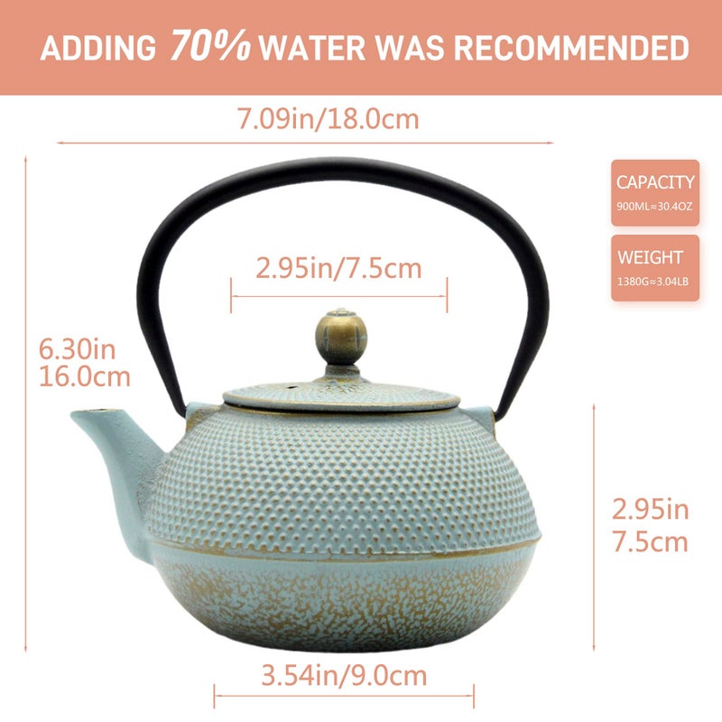 SECHUDO 30.4oz Small Cast Iron Teapot, Tea Kettle for Stovetop Safe, Tea Pot with Stainless Steel Infuser for Loose Tea, Japanese Tetsubin Coated with Enameled Interior(900ml) - Image 2