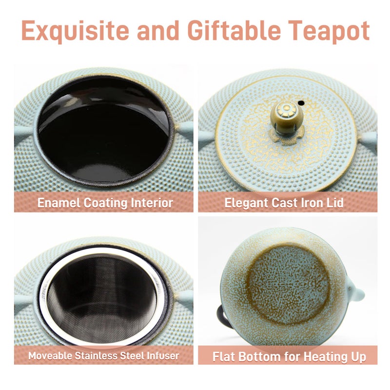 SECHUDO 30.4oz Small Cast Iron Teapot, Tea Kettle for Stovetop Safe, Tea Pot with Stainless Steel Infuser for Loose Tea, Japanese Tetsubin Coated with Enameled Interior(900ml) - Image 5