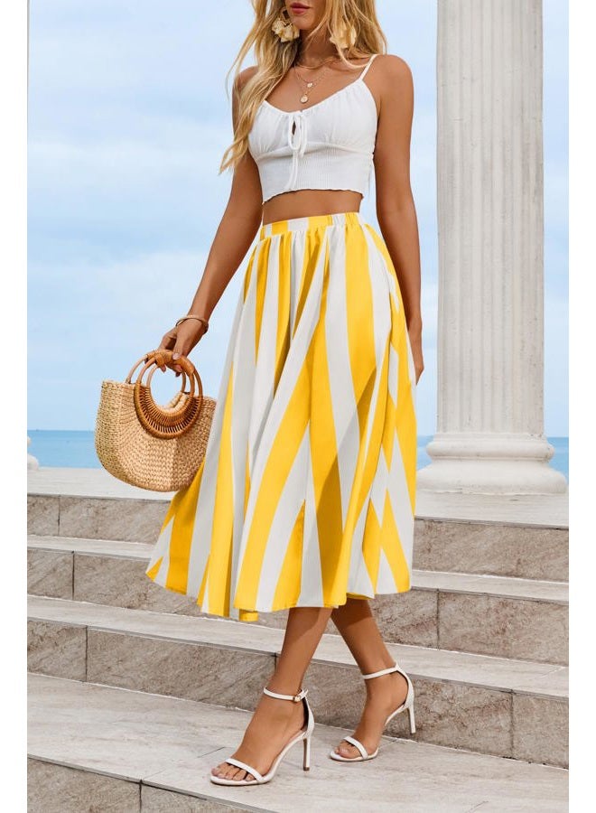 Cicy Bell Womens Summer Striped Maxi Skirts A-Line Elastic Waist Flowy Skirt Beach Vacation Outfits, Yellow, XL - Image 5