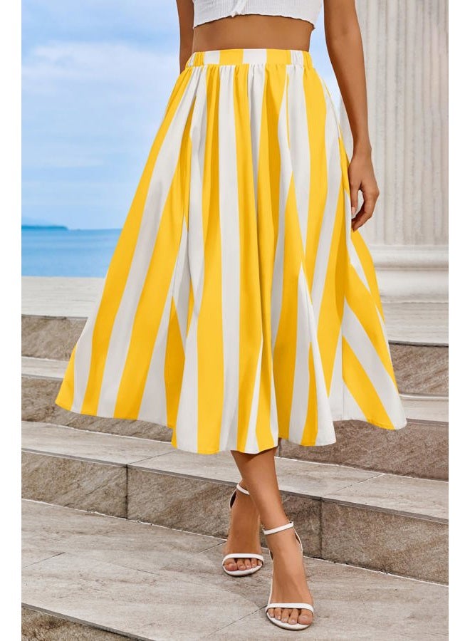 Cicy Bell Womens Summer Striped Maxi Skirts A-Line Elastic Waist Flowy Skirt Beach Vacation Outfits, Yellow, XL - Image 2