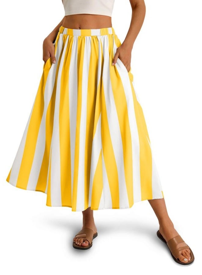 Cicy Bell Womens Summer Striped Maxi Skirts A-Line Elastic Waist Flowy Skirt Beach Vacation Outfits, Yellow, XL - Image 1