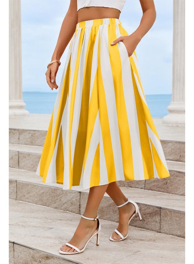 Cicy Bell Womens Summer Striped Maxi Skirts A-Line Elastic Waist Flowy Skirt Beach Vacation Outfits, Yellow, XL - Image 3