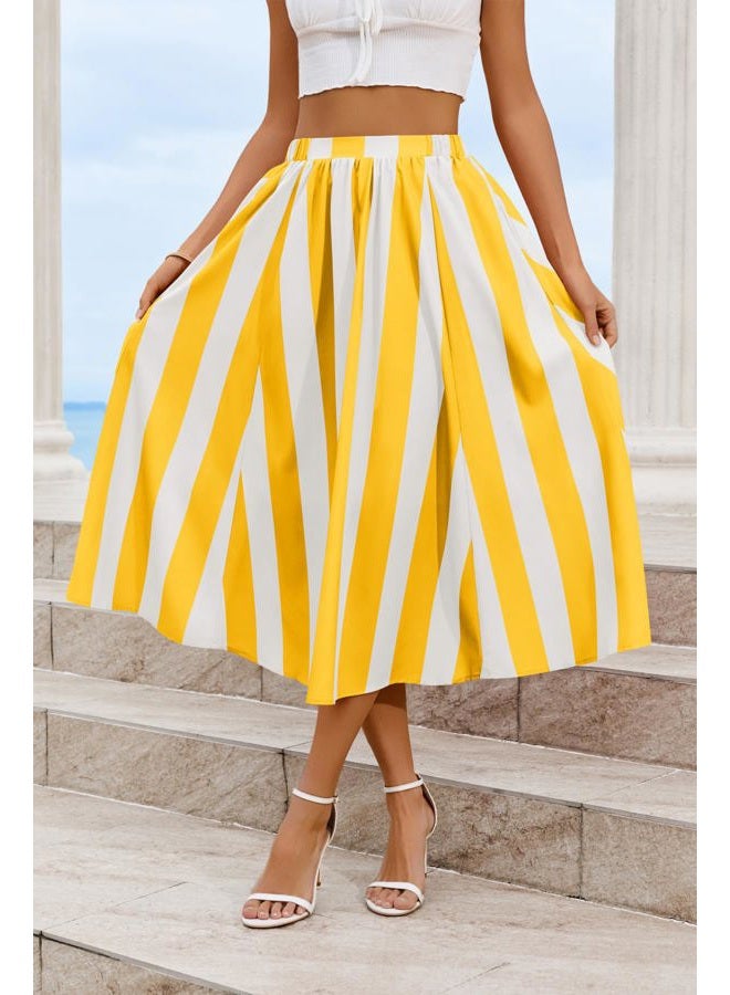 Cicy Bell Womens Summer Striped Maxi Skirts A-Line Elastic Waist Flowy Skirt Beach Vacation Outfits, Yellow, XL - Image 4