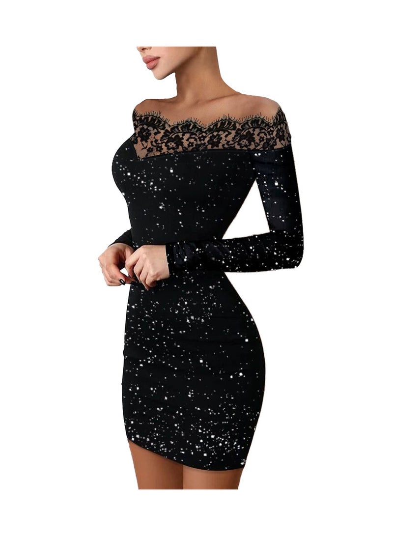 general فستان سهرة ميني أنيق للنساء، نحيف، فستان رسمي للمناسبات، شبكة، أكمام طويلة، فستان بروف مغلف - Image 1