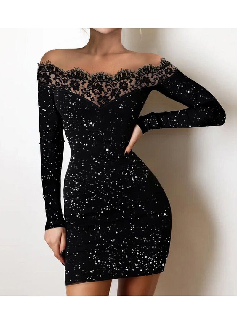 general فستان سهرة ميني أنيق للنساء، نحيف، فستان رسمي للمناسبات، شبكة، أكمام طويلة، فستان بروف مغلف - Image 2