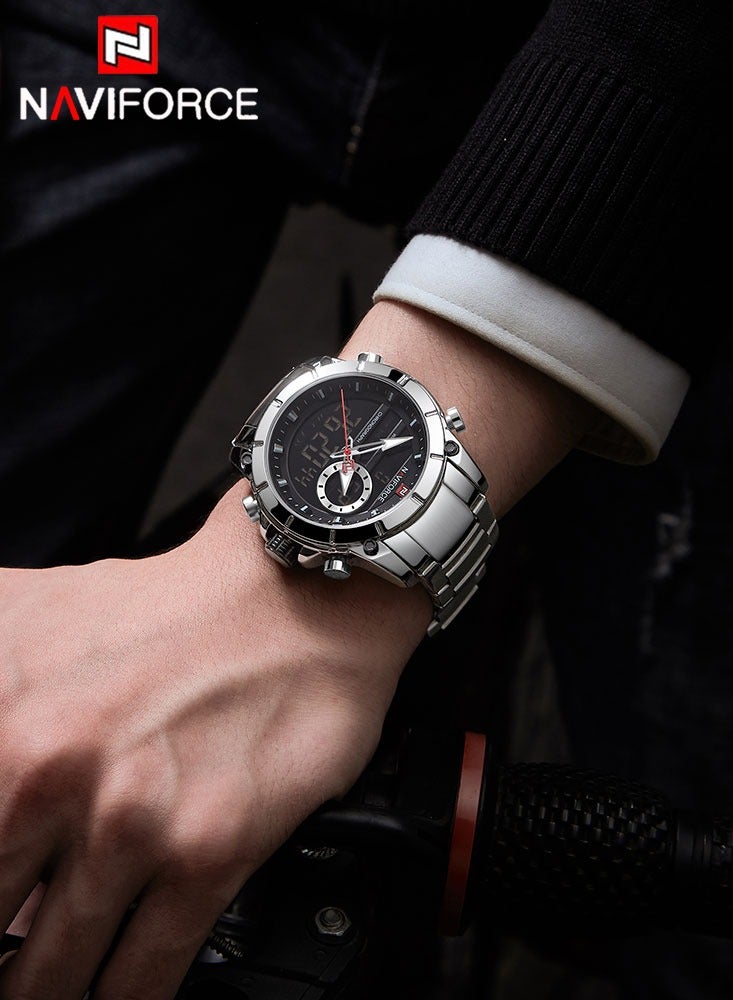 نافيفورس ساعة NAVIFORCE كوارتز أصلية فاخرة للرجال من الفولاذ المقاوم للصدأ مقاومة للماء وشاشة عرض مزدوجة عسكرية LED رقمية - Image 3