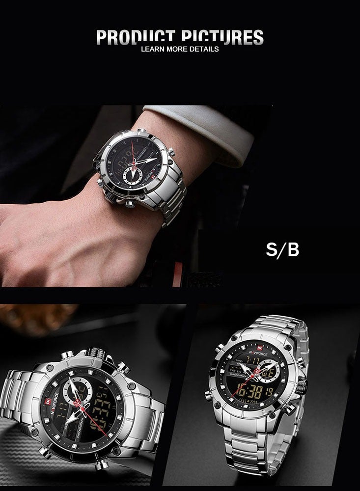 نافيفورس ساعة NAVIFORCE كوارتز أصلية فاخرة للرجال من الفولاذ المقاوم للصدأ مقاومة للماء وشاشة عرض مزدوجة عسكرية LED رقمية - Image 4