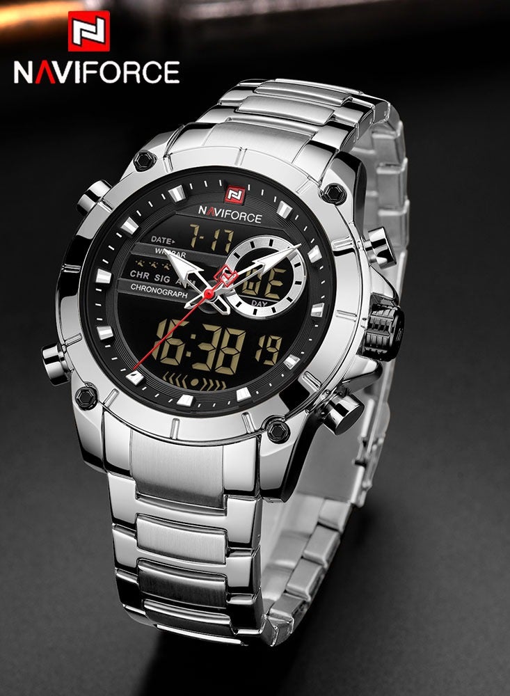 نافيفورس ساعة NAVIFORCE كوارتز أصلية فاخرة للرجال من الفولاذ المقاوم للصدأ مقاومة للماء وشاشة عرض مزدوجة عسكرية LED رقمية - Image 1
