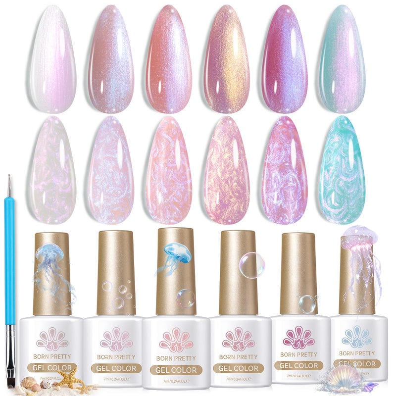 Born Pretty Pearl Gel Nail Polish Aurora Iridescent Glitter Shimmer Mermaid Pearl Gel Polish Drawing Gel Nail Polish Shell Swirl Thread Effect Nail Gel Soak Off Led Summer DIY Gift 6PCS - Image 1
