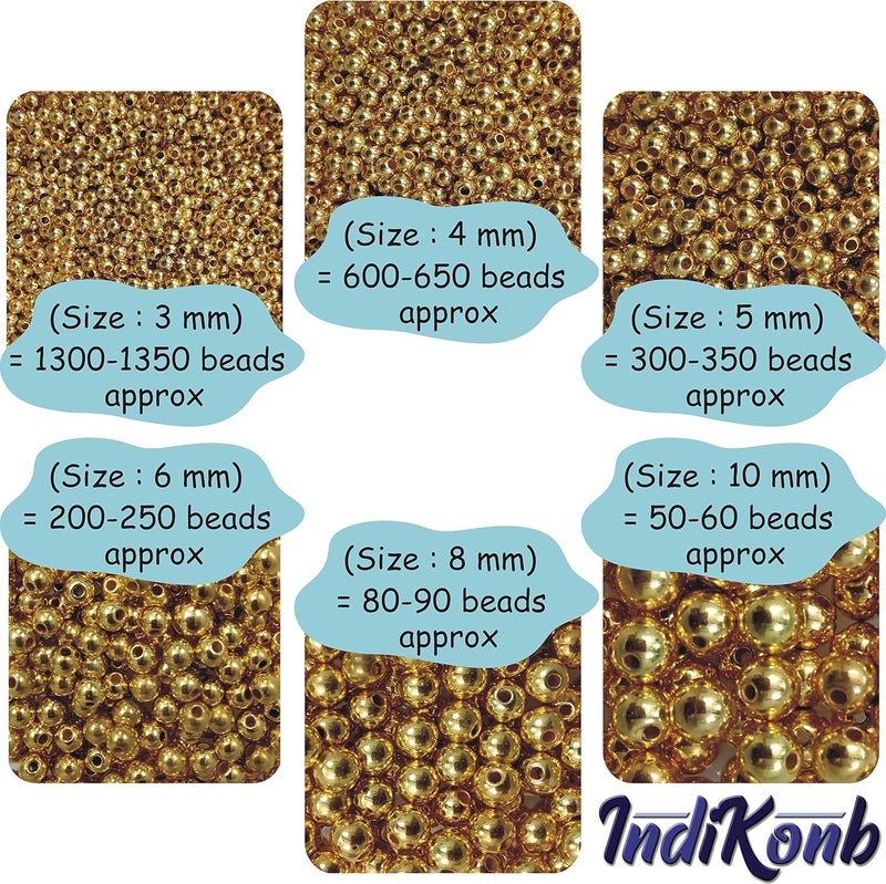 INDIKONB INDIKONB 2500 pcs Gold Color Beads for Jewelry Making, Earring, Necklace, Bracelet Set for Girls and Women (6 Round Golden Pearl Bead Moti of Size 3 mm, 4 mm, 5mm, 6mm, 8mm, 10mm + Nylon Wire)  - Image 2