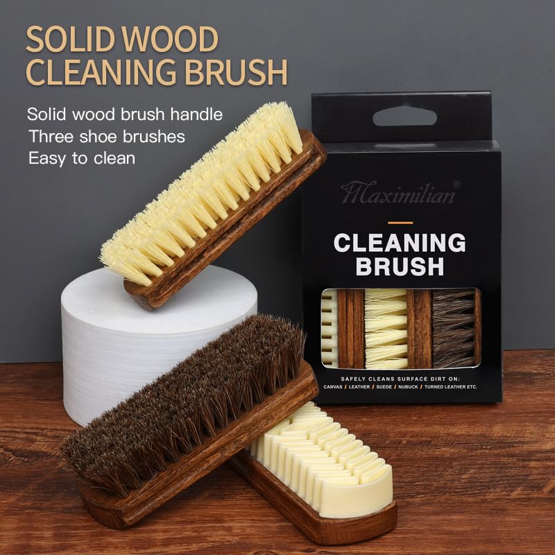 MAXIMILIAN Shoe Shine Brush Kit Horsehair Brushes for Polishing Crepe Suede Shoes Brush Soft Bristles Leather Cleaning Nubuck 3PCS Professional Shoe Polish Kit - Image 2