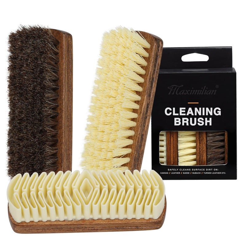 MAXIMILIAN Shoe Shine Brush Kit Horsehair Brushes for Polishing Crepe Suede Shoes Brush Soft Bristles Leather Cleaning Nubuck 3PCS Professional Shoe Polish Kit - Image 1