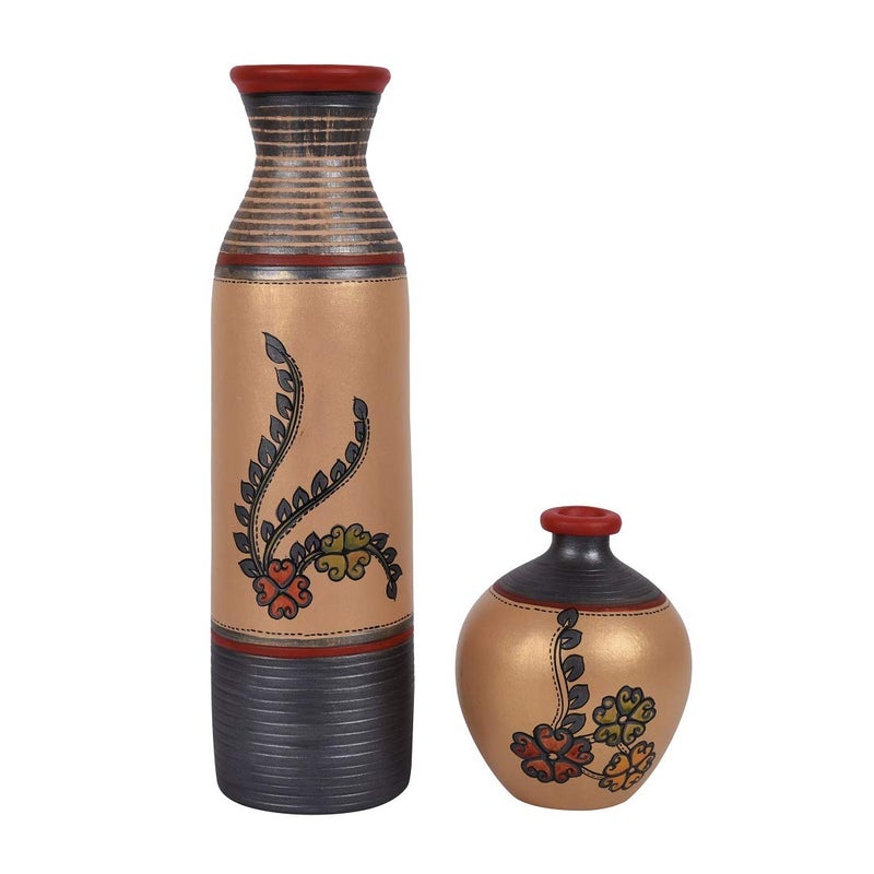 AAKRITI ART CREATIONS Aakriti Art Creations Vase Earthen Simmer Gold Madhubani Set of 2  - Image 2