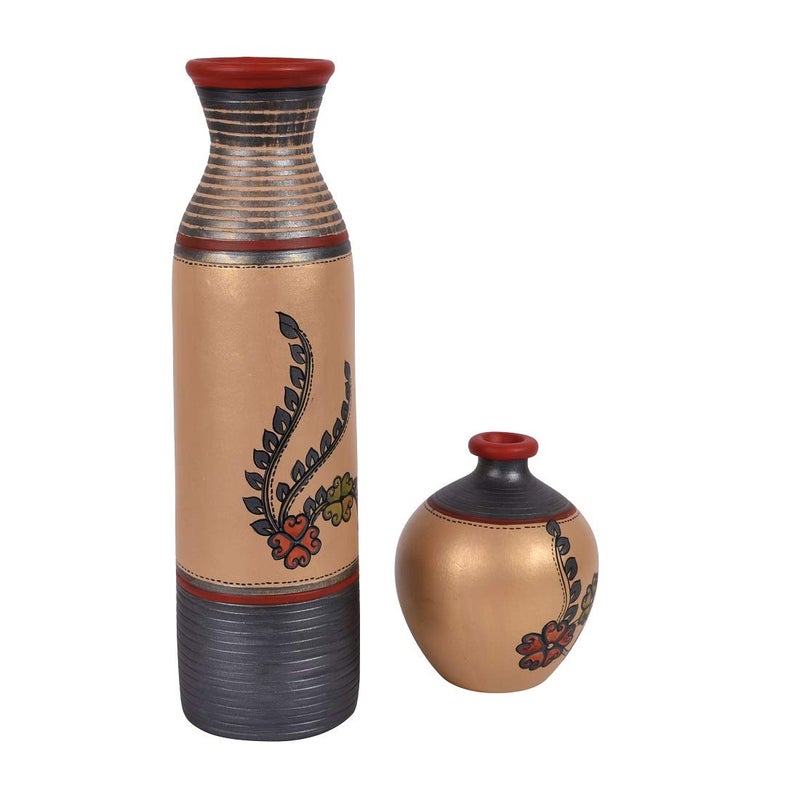 AAKRITI ART CREATIONS Aakriti Art Creations Vase Earthen Simmer Gold Madhubani Set of 2  - Image 3
