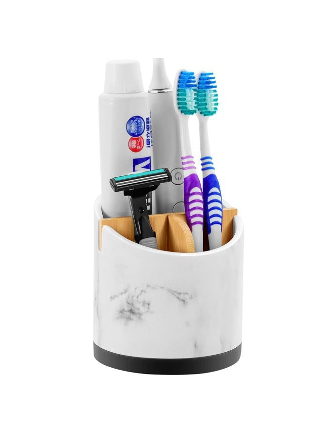 VITVITI Toothbrush Holders for Bathrooms, 3 Slots Toothpaste Holder Storage, Marble Look Bathroom Organizer Countertop for Sink/Vanity/Makeup Brush, Round Bathroom Accessories, White Resin with Bamboo - Image 1