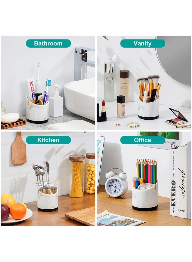VITVITI Toothbrush Holders for Bathrooms, 3 Slots Toothpaste Holder Storage, Marble Look Bathroom Organizer Countertop for Sink/Vanity/Makeup Brush, Round Bathroom Accessories, White Resin with Bamboo - Image 4