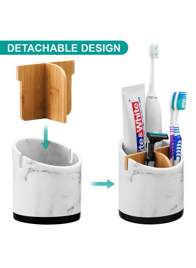 VITVITI Toothbrush Holders for Bathrooms, 3 Slots Toothpaste Holder Storage, Marble Look Bathroom Organizer Countertop for Sink/Vanity/Makeup Brush, Round Bathroom Accessories, White Resin with Bamboo - Image 2