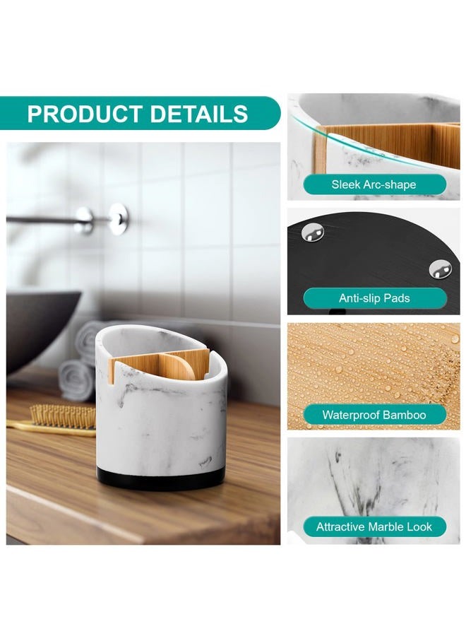 VITVITI Toothbrush Holders for Bathrooms, 3 Slots Toothpaste Holder Storage, Marble Look Bathroom Organizer Countertop for Sink/Vanity/Makeup Brush, Round Bathroom Accessories, White Resin with Bamboo - Image 3