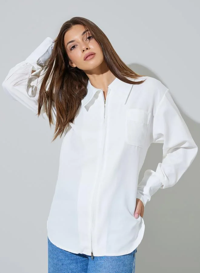 ستايلي White Zip-Up Longline Shirt