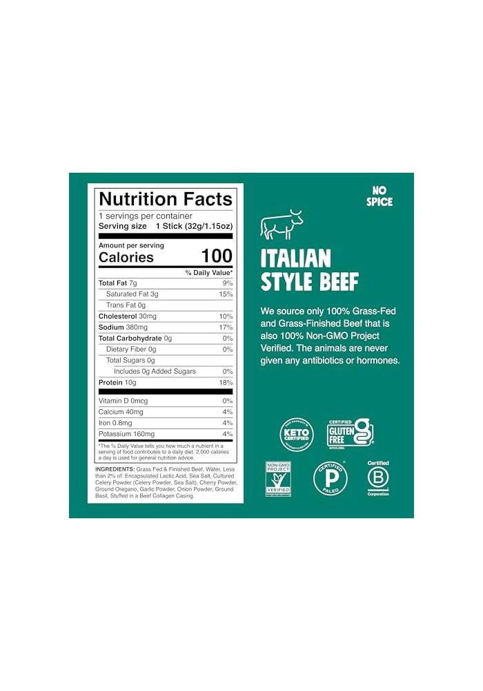 CHOMPS Grass Fed Beef Jerky Meat Snack Sticks AIP Diet Compliant Keto Paleo Whole30 Approved Low Carb Gluten Free Sugar Free NonGMO 90 Calories 115 Oz Stick Italian Beef 10 Pack - Image 5