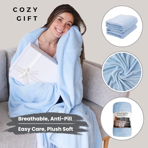 Super Blanky بطانية سوبر بلانكي القابلة للارتداء للنساء، بطانية قابلة للارتداء للرجال، هدايا عيد الميلاد للنساء، هدايا عيد ميلاد مريحة لصديقة، أفكار هدايا عيد ميلاد للزوجة، بطانية بأكمام - أزرق فاتح - Image 3
