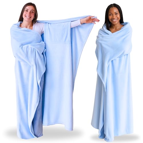 Super Blanky بطانية سوبر بلانكي القابلة للارتداء للنساء، بطانية قابلة للارتداء للرجال، هدايا عيد الميلاد للنساء، هدايا عيد ميلاد مريحة لصديقة، أفكار هدايا عيد ميلاد للزوجة، بطانية بأكمام - أزرق فاتح - Image 1