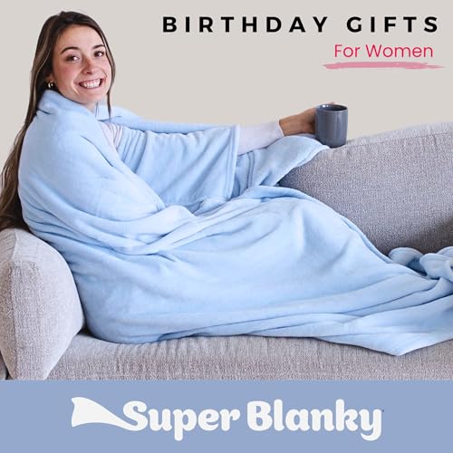 Super Blanky بطانية سوبر بلانكي القابلة للارتداء للنساء، بطانية قابلة للارتداء للرجال، هدايا عيد الميلاد للنساء، هدايا عيد ميلاد مريحة لصديقة، أفكار هدايا عيد ميلاد للزوجة، بطانية بأكمام - أزرق فاتح - Image 2