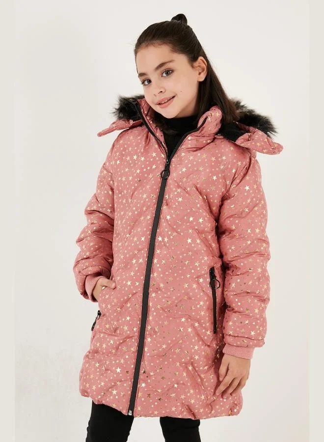 ليلا معطف شتوي مبطن بالقطيفة بغطاء رأس قابل للإزالة بنمط نجوم من الفرو الصناعي من ليلا