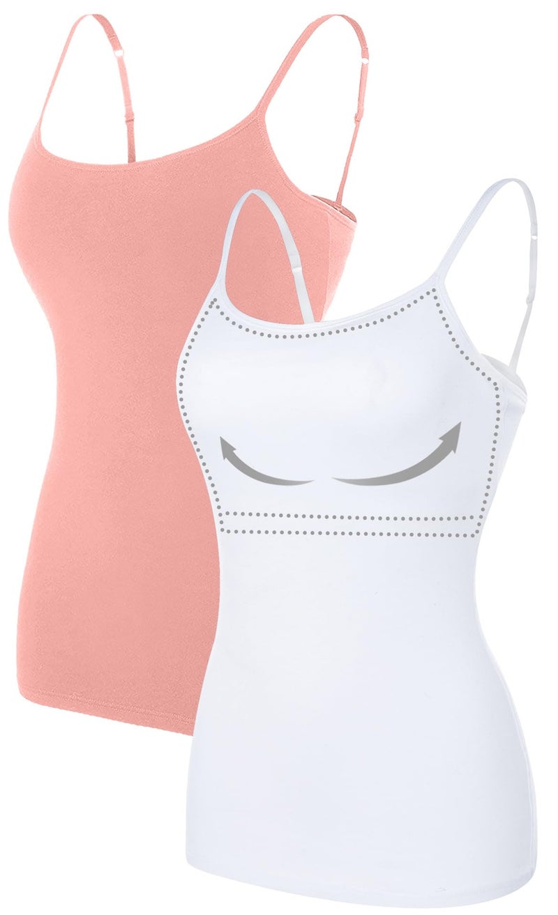 ATTRACO Camisole for Women Built in Bra Tank Tops Cotton Cami White Coral XXL - Image 1
