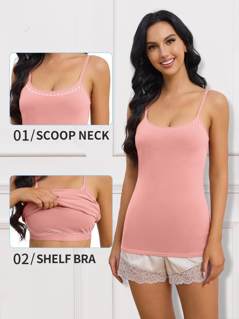 ATTRACO Camisole for Women Built in Bra Tank Tops Cotton Cami White Coral XXL - Image 2
