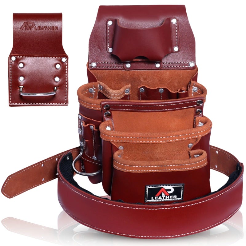 Ap Leather Pro-015 Leather Tool Pouch for Construction,Heavy Duty Hammer Holder,Buckle,3 Pocket Large with Belt, 12 Small Pocket, Tool Organizer - Image 1