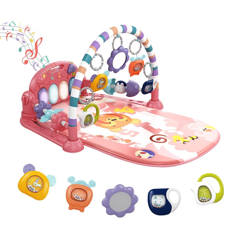 dearlomum Baby Play Mat Gym, Funny Play Piano Tummy Time Activity Mat with 5 Infant Sensory Toys, Music and Lights, Boy & Girl Gifts for Newborns 0 to 3 6 9 12 Months (Pink) - Image 1
