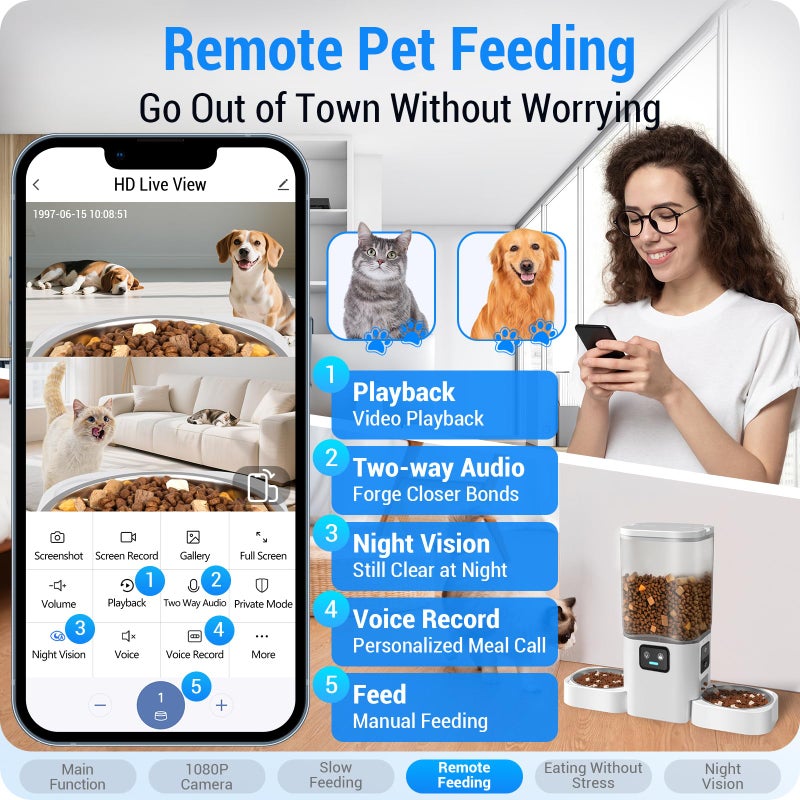 Frienhund Automatic Cat Feeder with Two 1080P Camera for 2 Cats: 7L Automatic Dog Feeder with Night Vision & Slow Feed, 5G WiFi Auto Cat Food Dispenser for Multiple Pet,Detachable for Clean(ACF180W-C) - Image 5