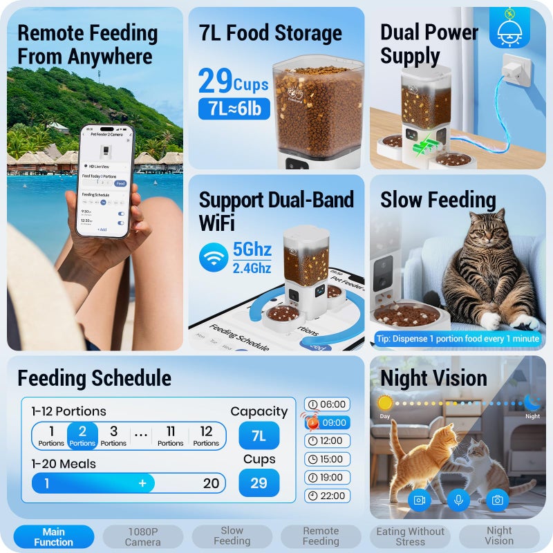 Frienhund Automatic Cat Feeder with Two 1080P Camera for 2 Cats: 7L Automatic Dog Feeder with Night Vision & Slow Feed, 5G WiFi Auto Cat Food Dispenser for Multiple Pet,Detachable for Clean(ACF180W-C) - Image 2