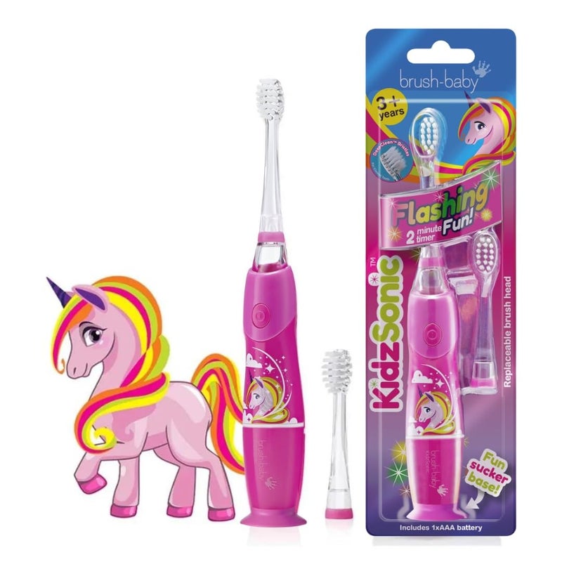 brush-baby - KidzSonic Unicorn Kids Electric Toothbrush, Ages 3+ Years - DeepClean Bristles, Suction Base - Fun Design with Flashing Lights - 2 x Replacement Heads & 1 x AAA Battery - Image 1